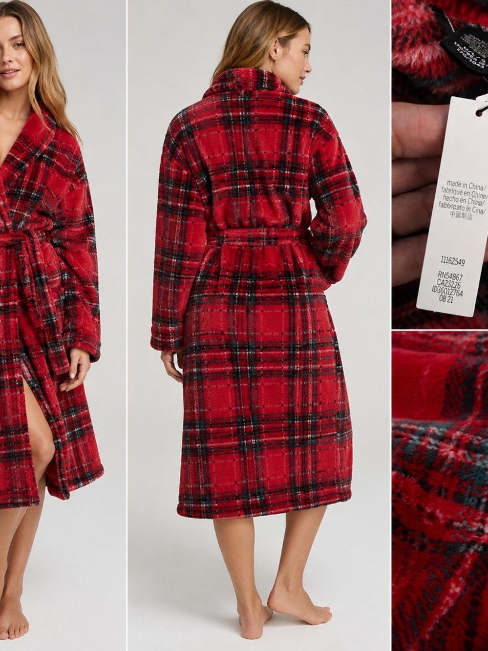 Victoria's Secret Red Plaid Plush Fleece Bath Robe NWT Size M/L Cozy Holiday